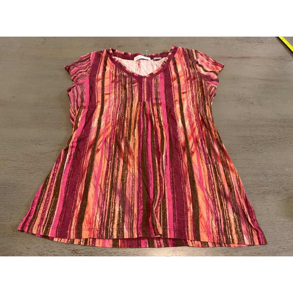 Liz Claiborne Womens V-Neck Cap Sleeve Striped Top Pink Purple Orange Medium